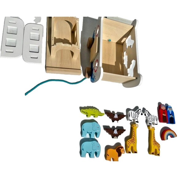 Wooden Noah's Ark Pull Toy Boat Animal Shape Sorter Painted Bible Story Toddler - Picture 3 of 16